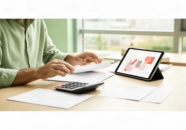 Persona revisando una planificación de jubilación junto a una mesa con documentos fiscales en una oficina luminosa