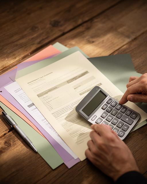 Persona consultando documentos fiscales y una calculadora sobre una mesa de madera