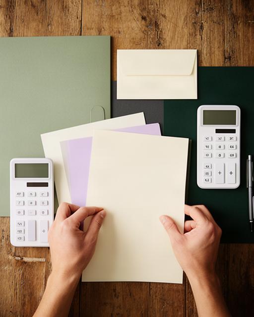 Persona organizando documentos fiscales y un plan de ahorro sobre una mesa de madera