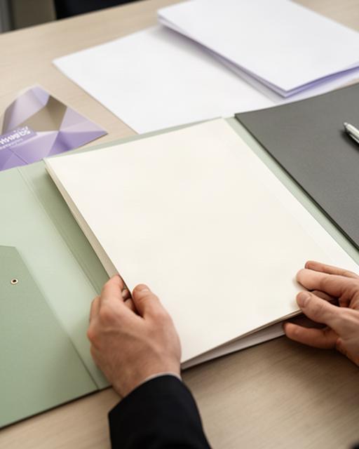 Persona revisando una política de privacidad impresa junto a una carpeta de documentos