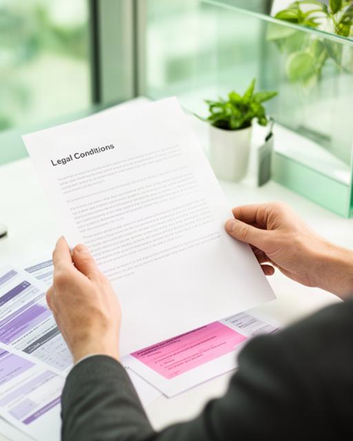 Persona revisando un documento de condiciones y una hoja fiscal en una oficina luminosa